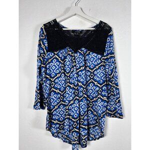 Lucky Brand Women XL Blue Black Boho Geo Tile Tunic Top Blouse Crochet Yoke NWOT